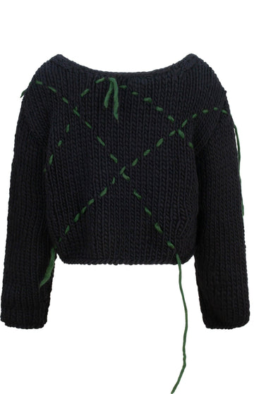 Black Knit Jumper With Green Tacking Stitch
