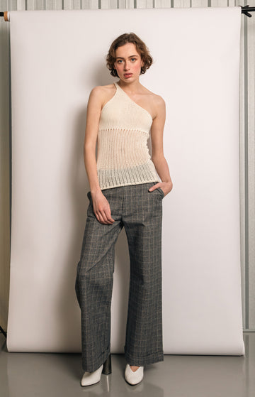 Blue Checked Cotton Mid-Rise Trousers