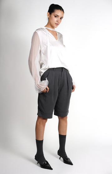 Cream Silk Blouse With Sheer Sleeves