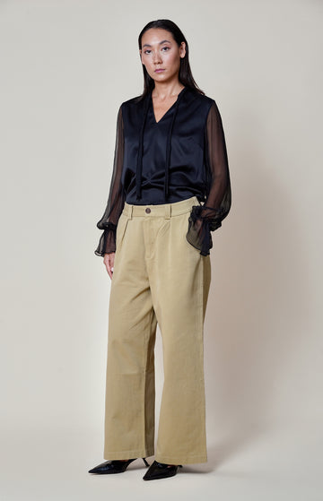 Beige Cotton Twill Wide Leg Trousers