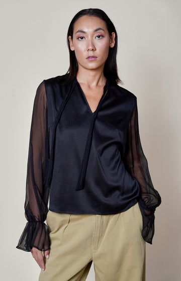Black Silk Blouse With Sheer Sleeves