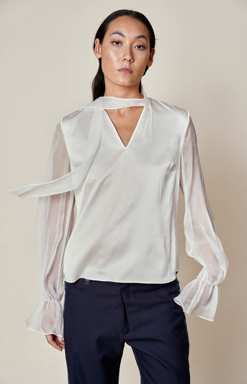 Cream Silk Blouse With Sheer Sleeves
