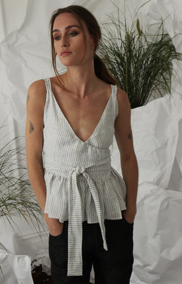 White/Black Stripy Linen Sleeveless Wrap Top with Ruffles
