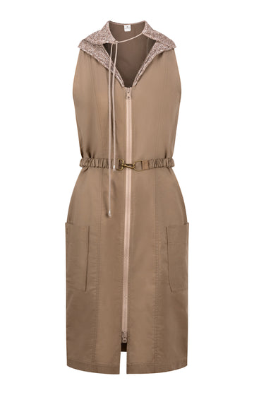 Beige Belted Cotton Sleeveless Dress