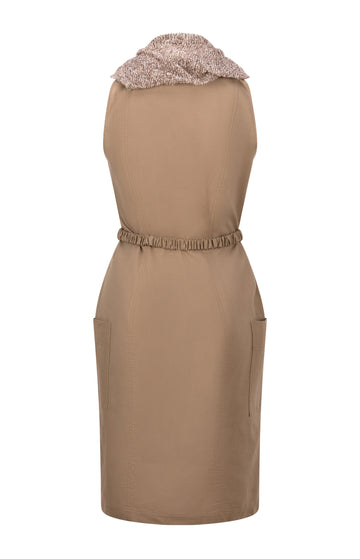 Beige Belted Cotton Sleeveless Dress
