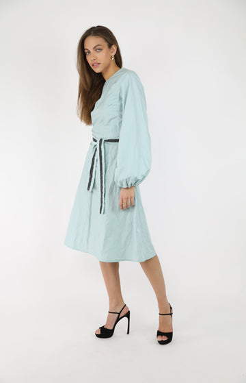 Celeste Blue Cotton Belted Long Sleeve Dress