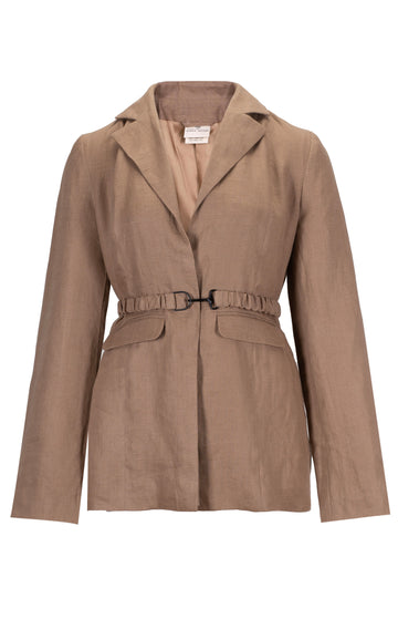Beige Linen Tailored Jacket with Scrunched Belt