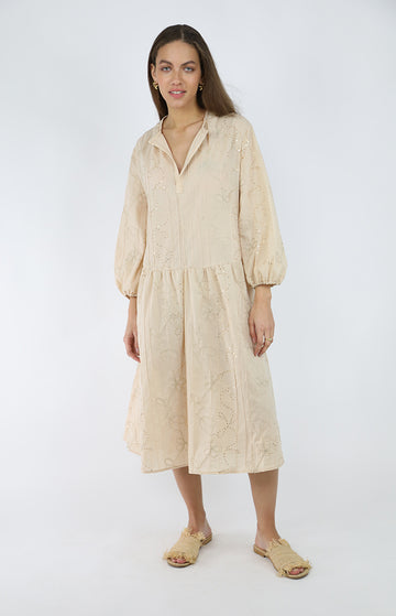 Beige Cotton Embroidered Dress