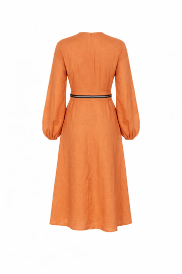 Orange Cotton Belted Long Sleeve Dress