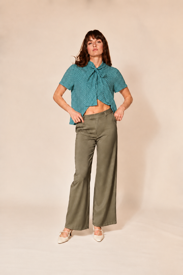 Teal Polka Dot Short Sleeve Bow Shirt