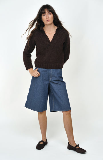 Brown Handmade Natural Alpaca Wool Cotton Polo Neck Jumper