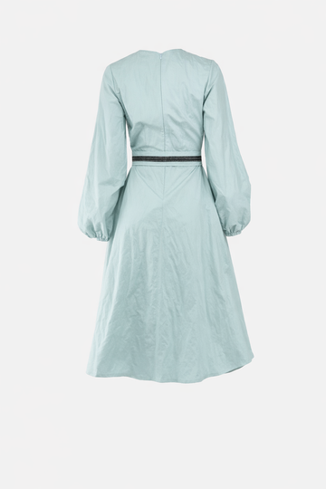 Celeste Blue Cotton Belted Long Sleeve Dress