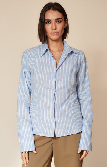 Light Blue And White Striped Linen Cotton Blend Shirt