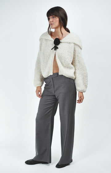 Cream Handmade Cream Alpaca Fur Feel Zip Cardigan