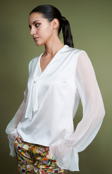Cream Silk Blouse with Sheer Sleeves
