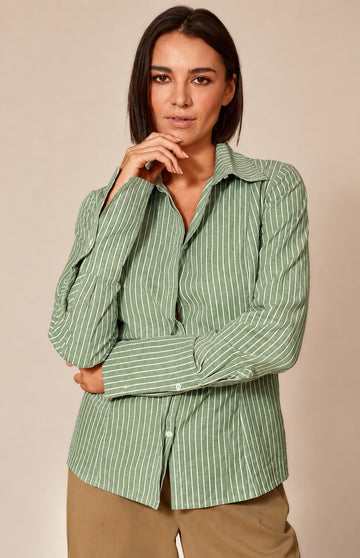 Green And White Striped Linen Cotton Blend Shirt