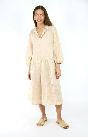 Beige Cotton Embroidered Dress