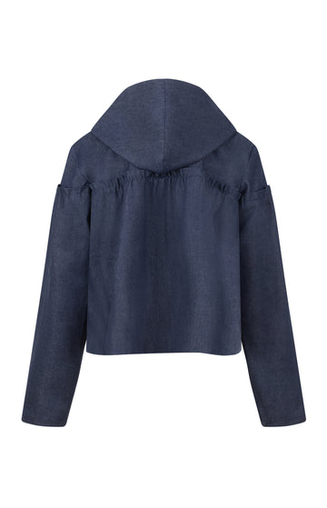 Navy Denim  Cotton  Jacket With Hood