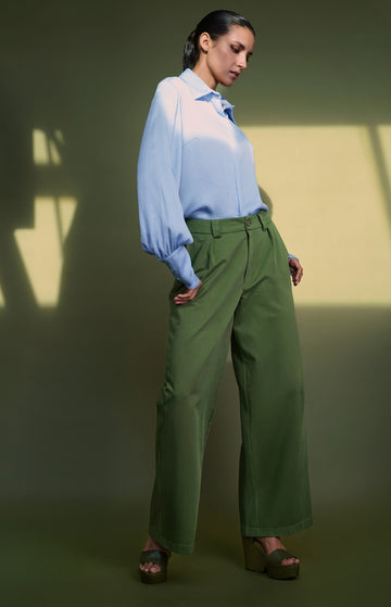 Green Wide Leg Cotton Twill Trousers