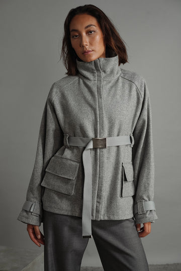 Grey Belted Jacket With Big Pockets