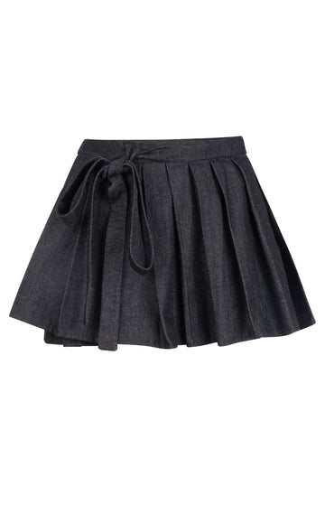 Black Denim Pleated Wrap Skirt