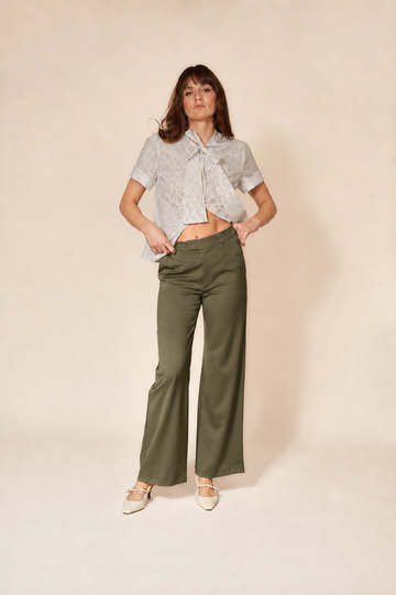 Green Cotton Elastane Midrise Straight Cut Trousers