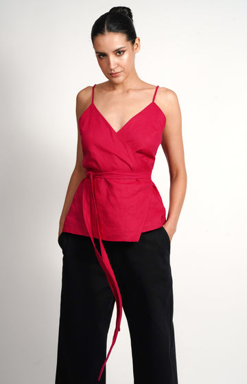Magenta Cotton Linen Wrap Top