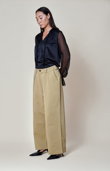 Beige Cotton Twill Wide Leg Trousers