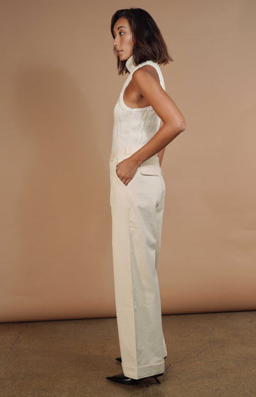Ecru Mid Rise Cotton Twill Trousers