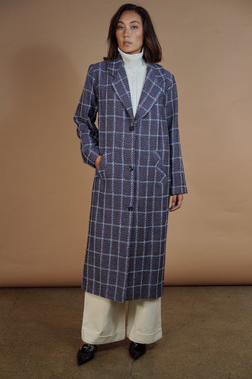 Lavender Check Oversized Long Wool Coat