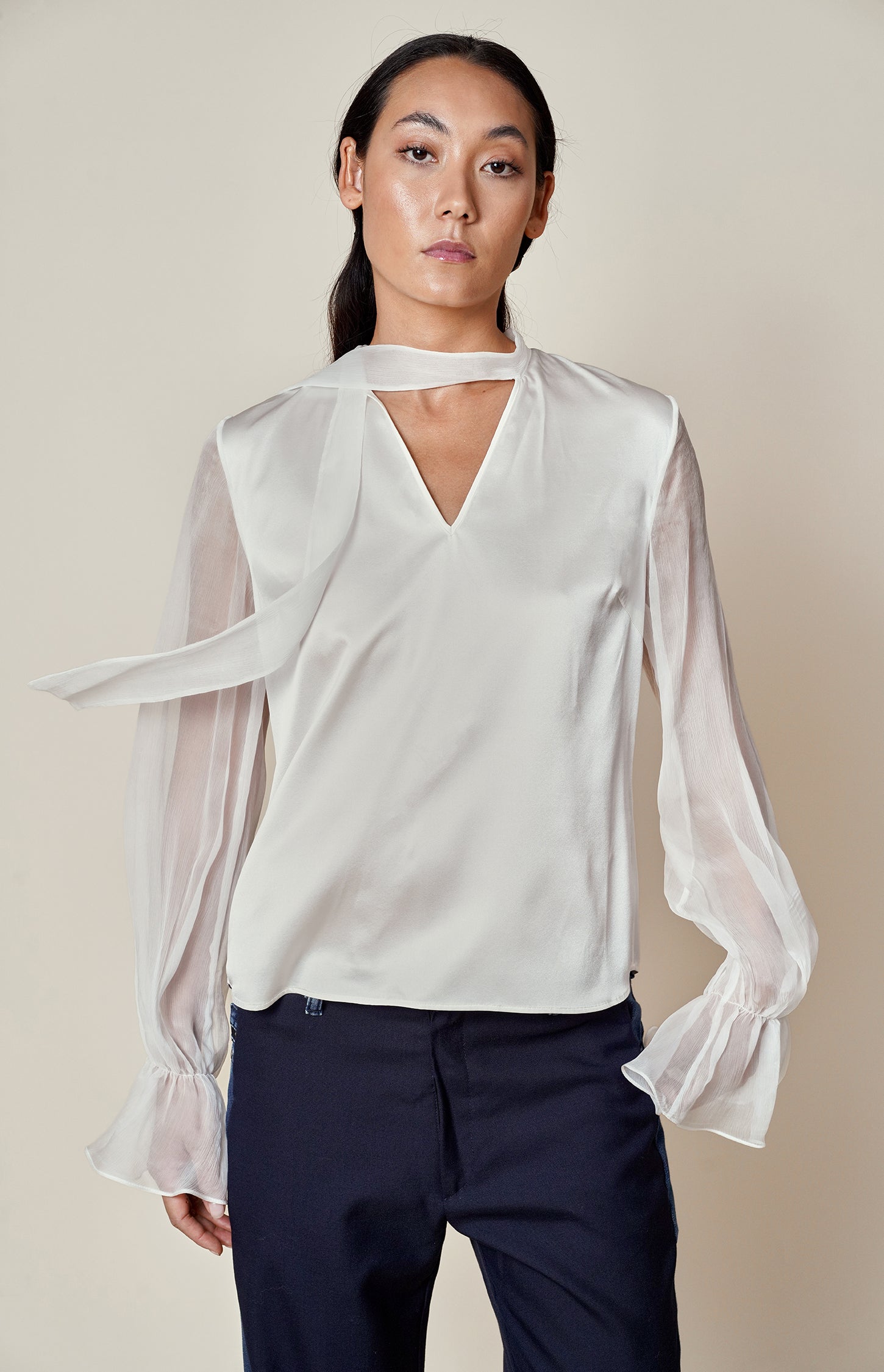 Gunda Hafner, Cream Silk Blouse With Sheer Sleeves
