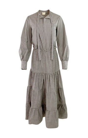 Beige long sleeve checked Maxi dress with 3 rows of ruffles