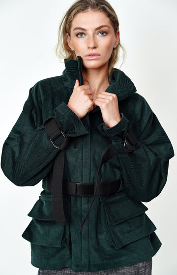 Green Cotton Corduroy Funnel Neck Jacket With Belt
