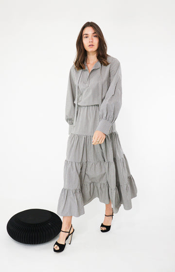Beige long sleeve checked Maxi dress with 3 rows of ruffles