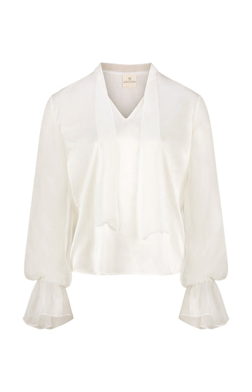 Cream Silk Blouse With Sheer Sleeves