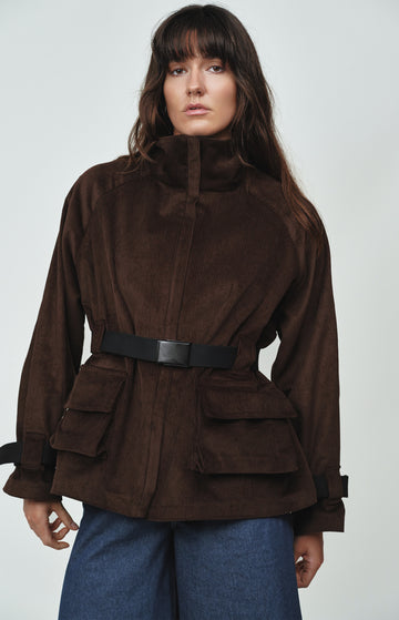 Brown Cotton Corduroy Funnel Neck Jacket With Belt