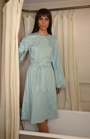 Celeste Blue Cotton Belted Long Sleeve Dress