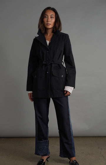 Blue Cotton Single-Breasted Peacoat with Belt