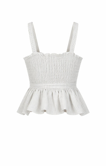 White/Black Stripy Linen Sleeveless Wrap Top with Ruffles