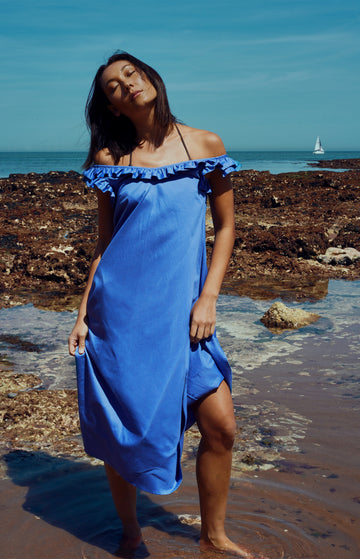 Blue Cotton Sateen Sleeveless Dress