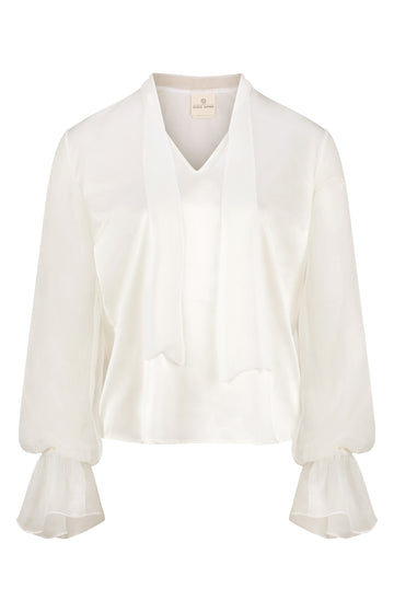 Cream Silk Blouse with Sheer Sleeves