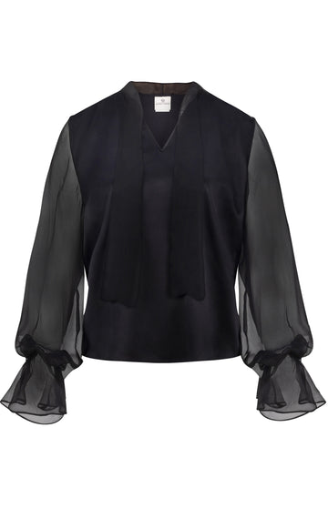 Black Silk Blouse with Sheer Sleeves