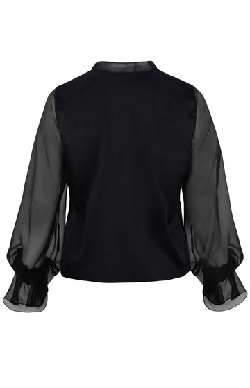 Black Silk Blouse with Sheer Sleeves