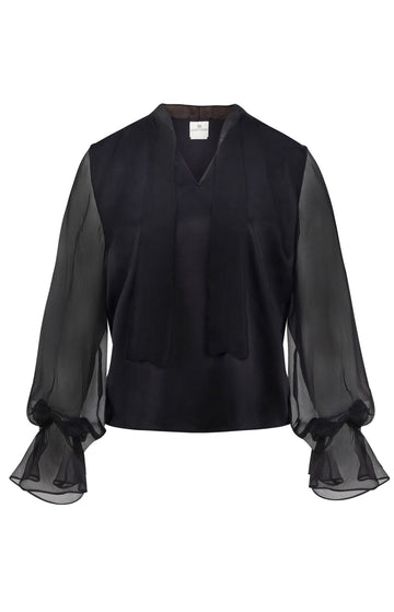 Black Silk Blouse With Sheer Sleeves