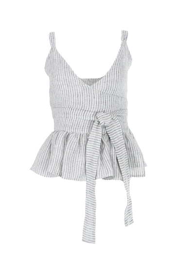 White/Black Stripy Linen Sleeveless Wrap Top with Ruffles