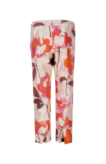 Soft White Floral Silk Capri Trousers