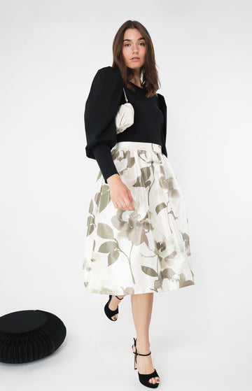 Cream/mud Floral silk skirt
