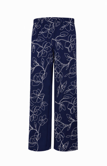 Navy Embroidered Cotton Viscose Blend Trousers