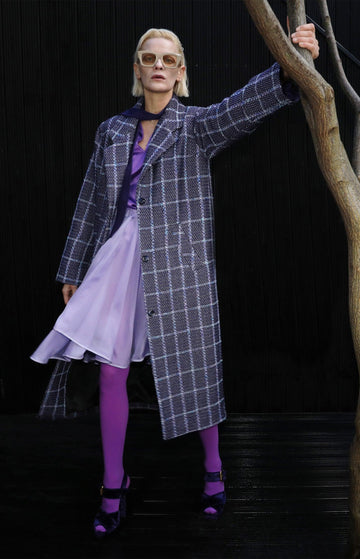 Lavender Check Oversized Long Wool Coat