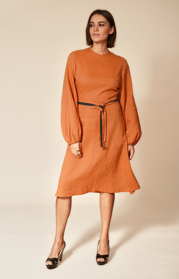 Orange Cotton Belted Long Sleeve Dress